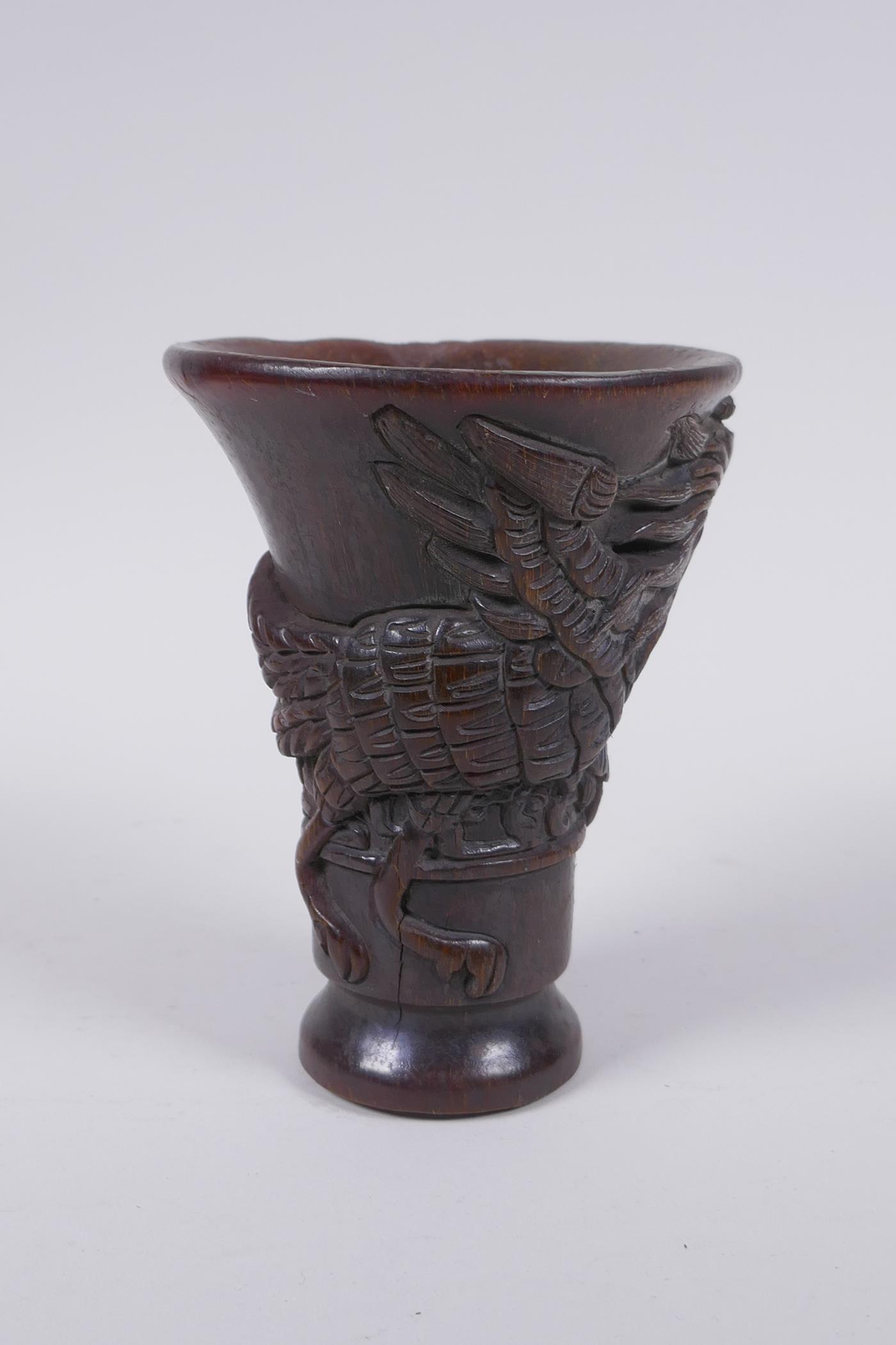 A Chinese faux horn libation cup with raised phoenix  decoration, 13cm high - Image 4 of 5