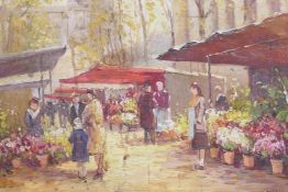 Continental flower market, oil on canvas board, signed with a monogram, mid C20th, and Charles