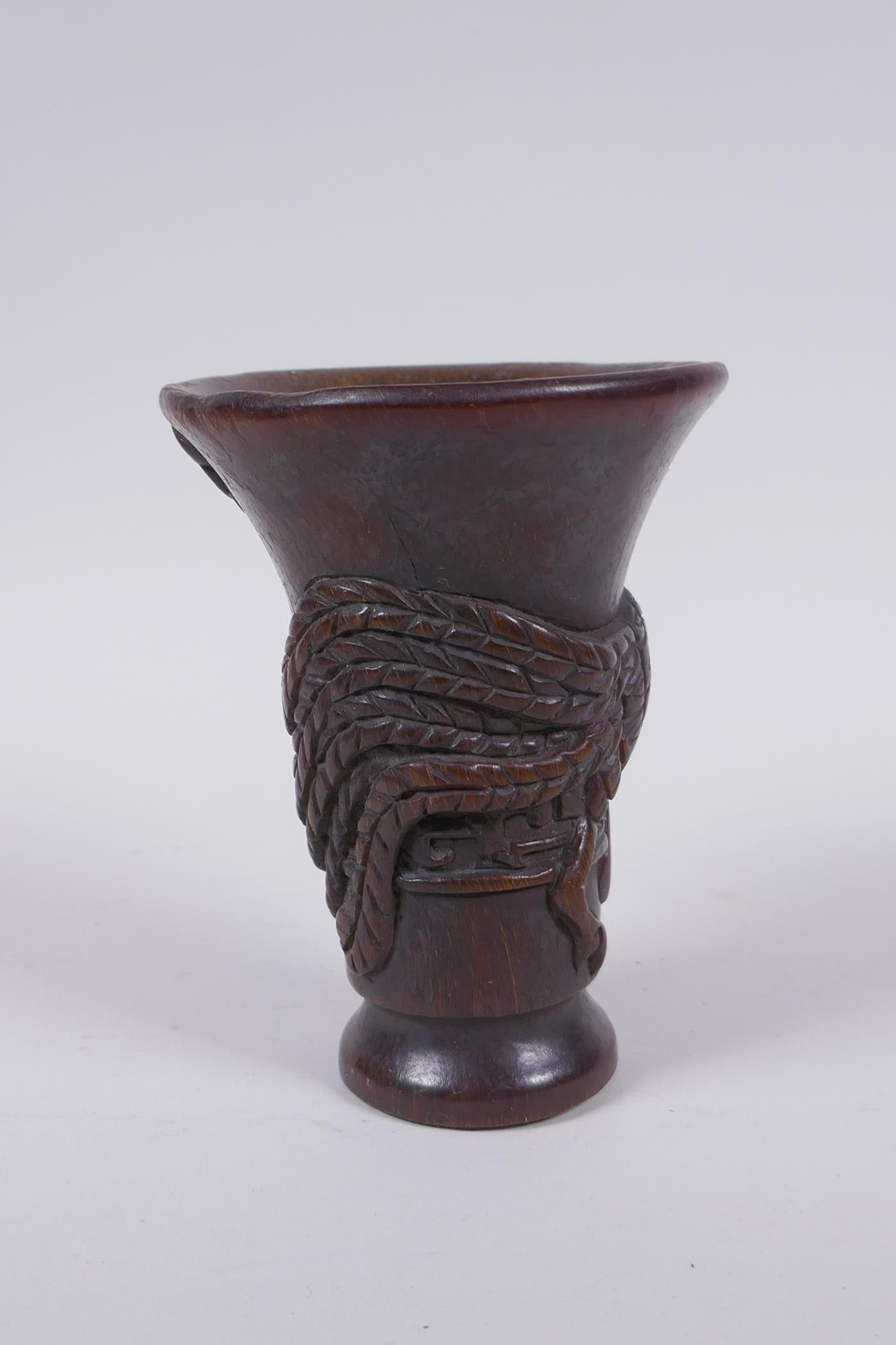 A Chinese faux horn libation cup with raised phoenix  decoration, 13cm high - Image 3 of 5