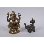 An Indian bronze figure of ganesh, and another Indian bronze figure of a deity riding an elephant,