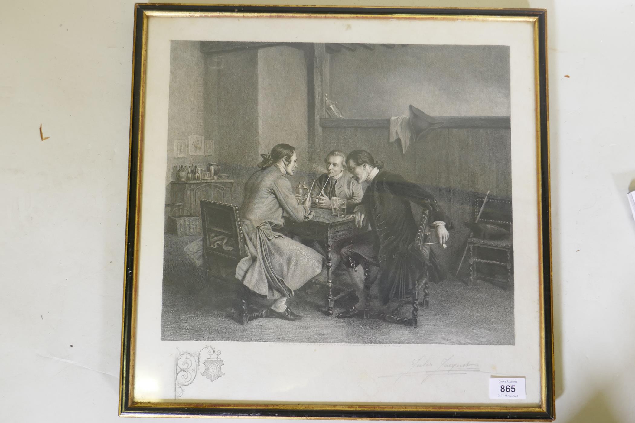 Jules Jacquet, three men in a tavern, engraving, signed, published 1900 London by L.H. Lefevre, - Image 2 of 4