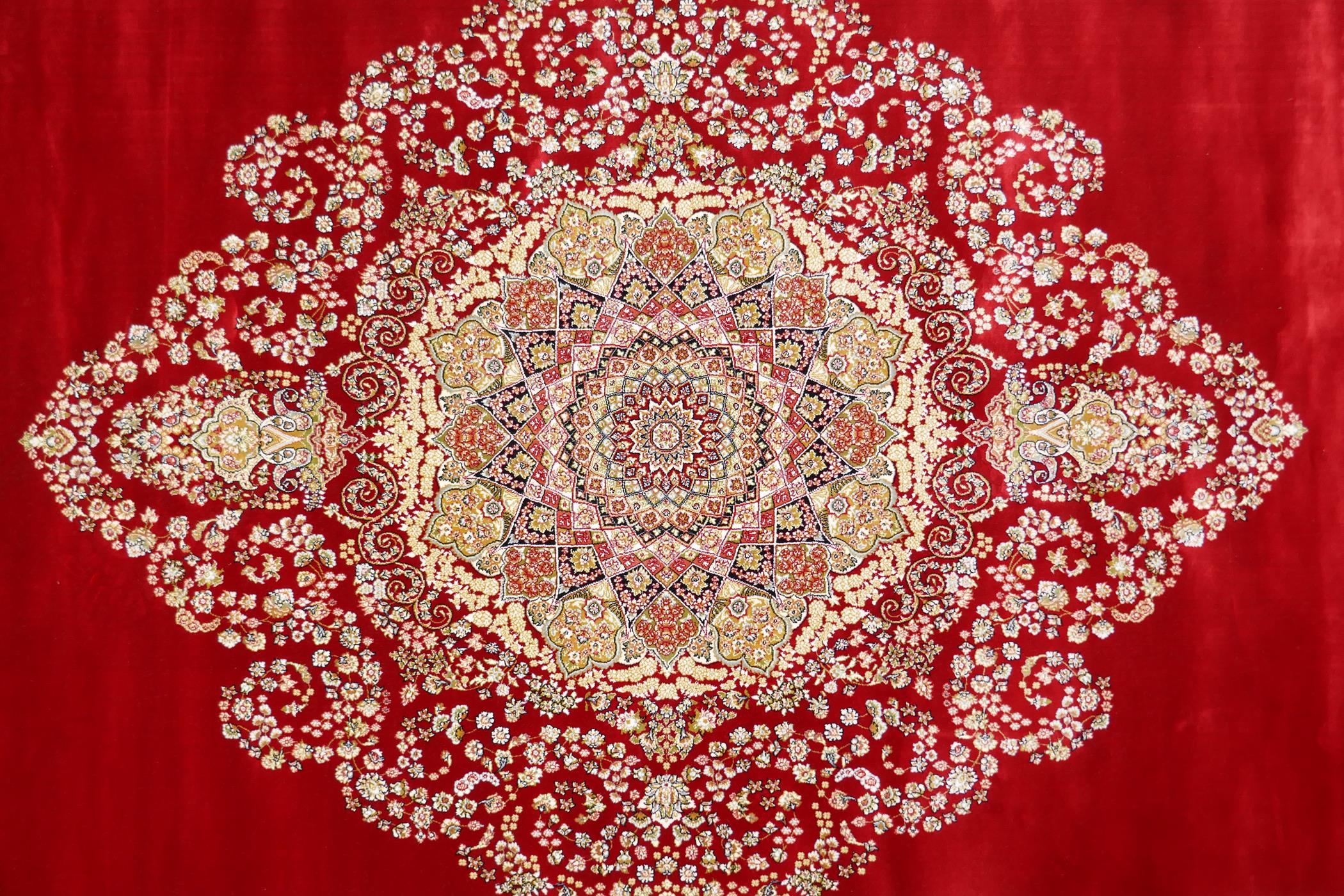 A rich ruby red ground full pile Qum rug with floral medallion pattern, 158 x 234cm - Image 3 of 7