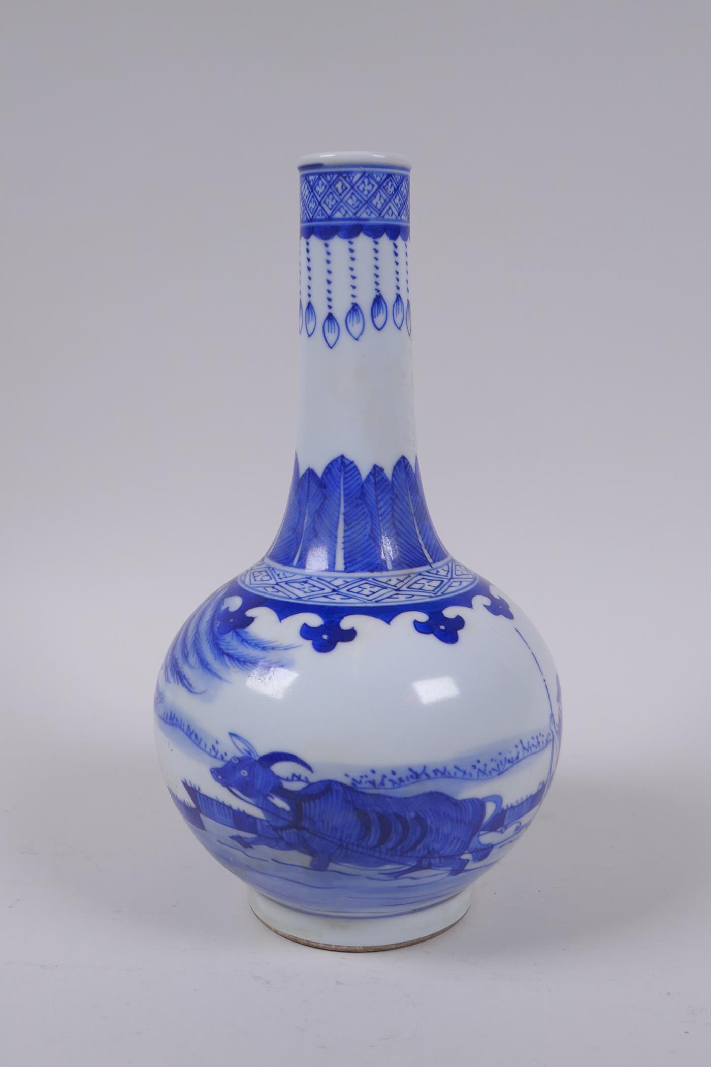 A blue and white porcelain bottle vase decorated with a figure riding a buffalo drawn raft, - Image 2 of 5