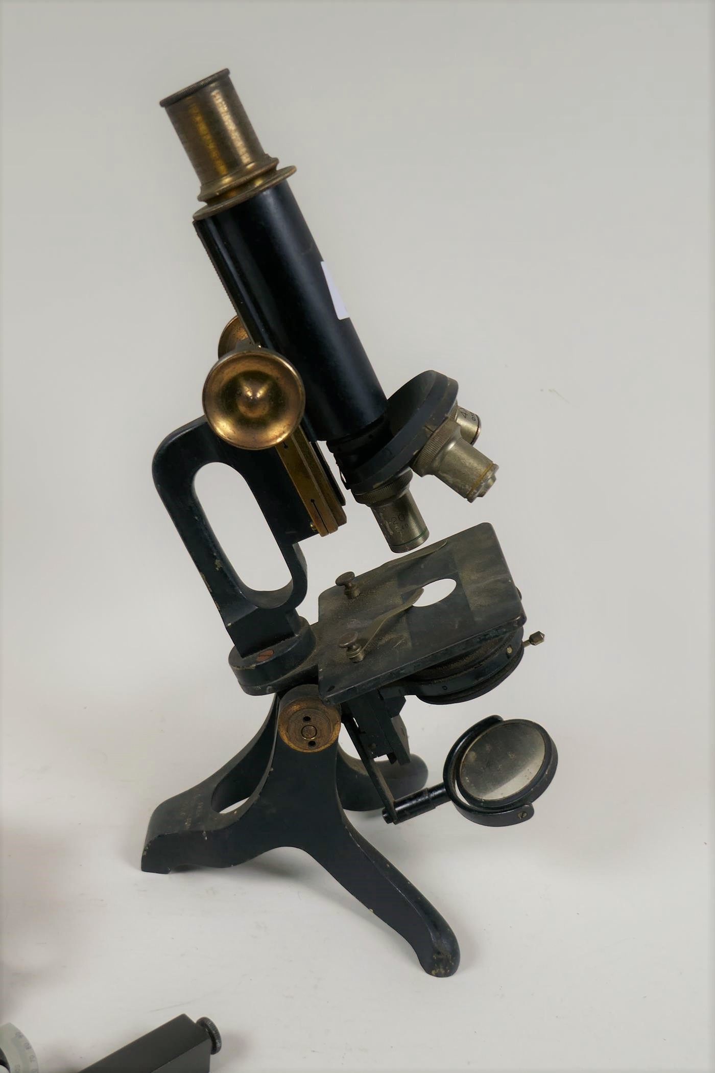 An antique monocular microscope, marked C. Baker, 244 High Holborn, London, No. 6150, 30cm high, and - Image 4 of 6