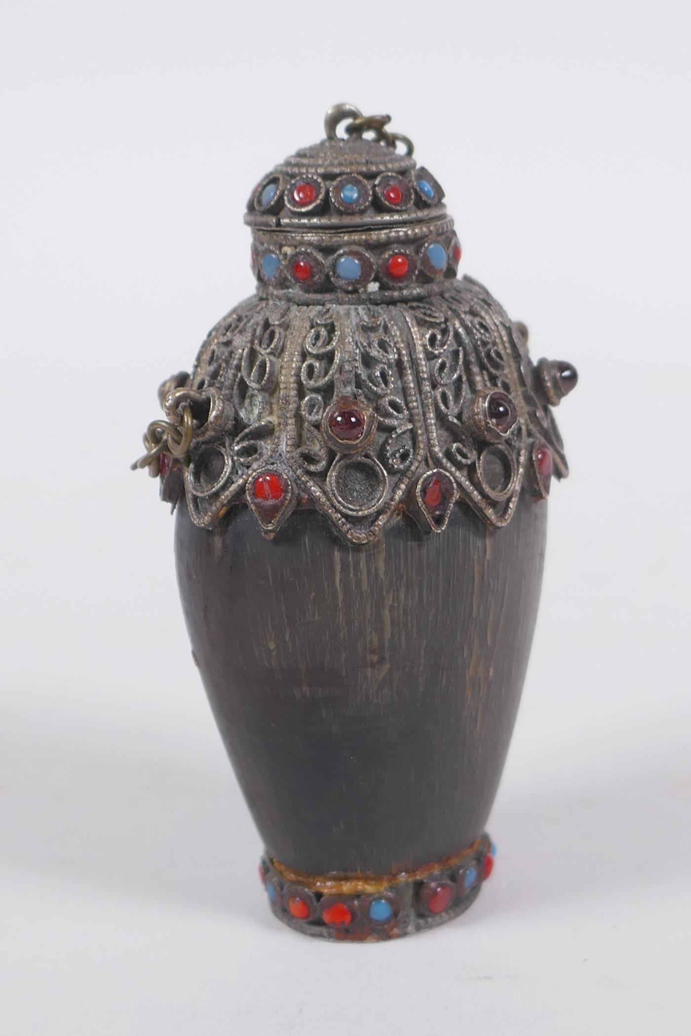 A Tibetan white metal mounted horn snuff bottle inset with semi precious stones, 9cm high - Image 3 of 5