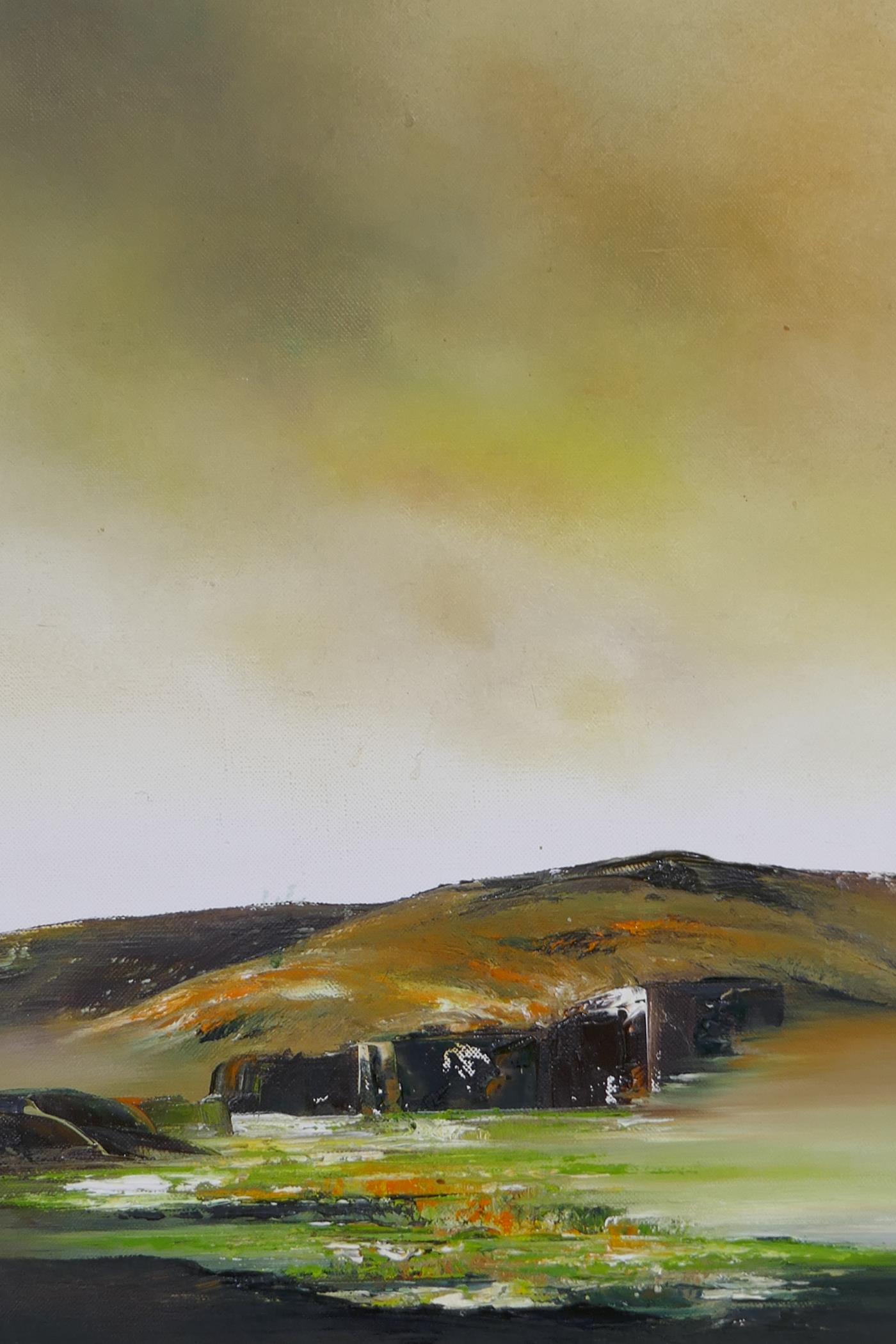 Margaret Norton, three landscapes, Devon Coast, Moorland Bog and Ruins, oils on canvas, 50 x 25cm - Image 4 of 7