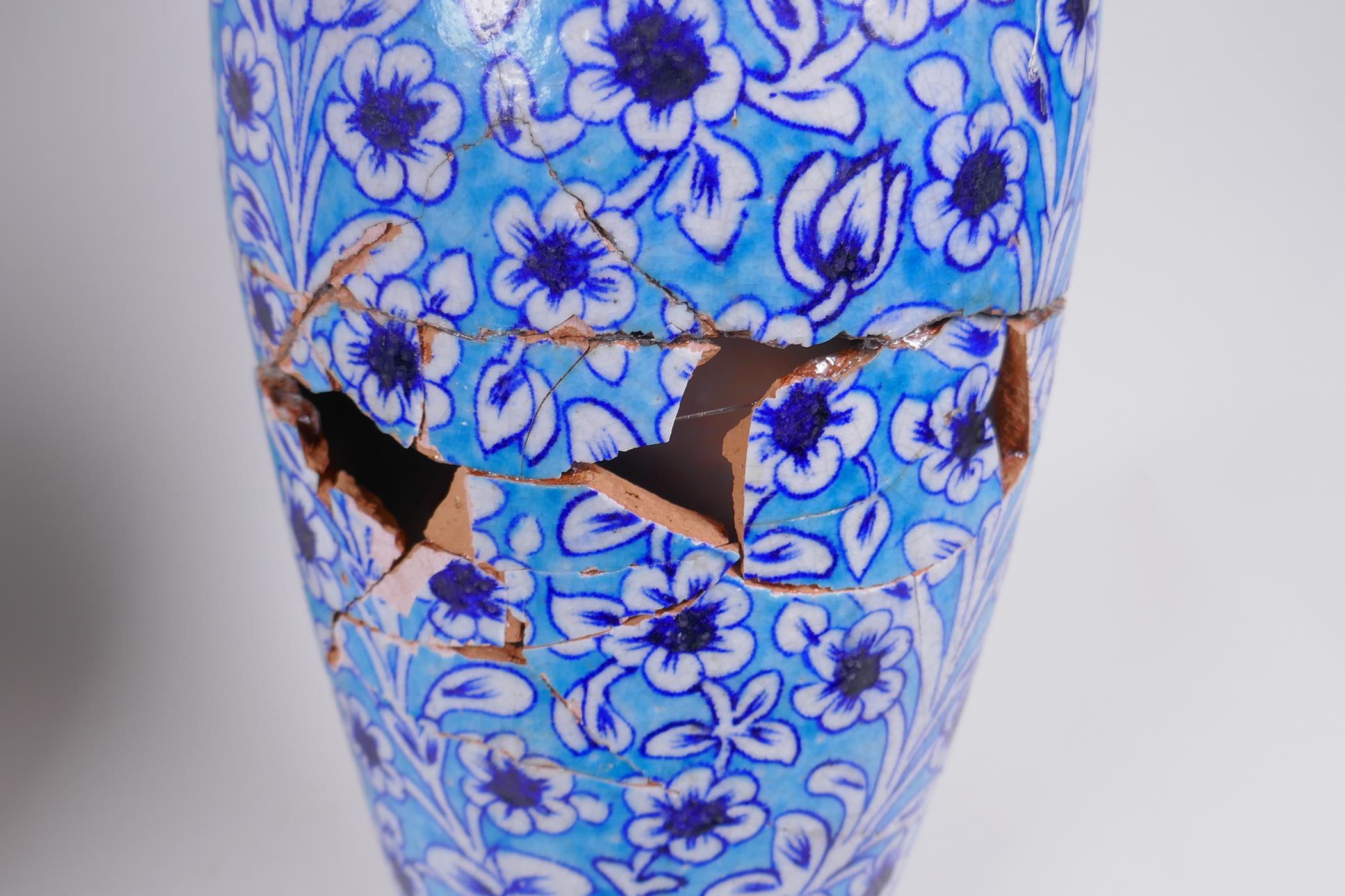 A pair of C19th Islamic Multan terracotta vases with blue Kashigari designs, AF, 46cm high - Image 5 of 5
