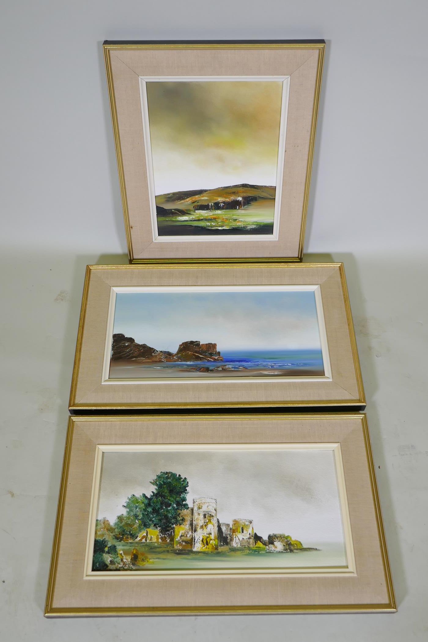 Margaret Norton, three landscapes, Devon Coast, Moorland Bog and Ruins, oils on canvas, 50 x 25cm