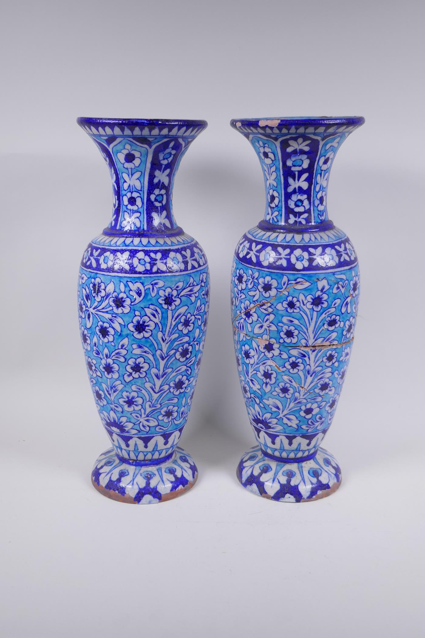 A pair of C19th Islamic Multan terracotta vases with blue Kashigari designs, AF, 46cm high - Image 2 of 5