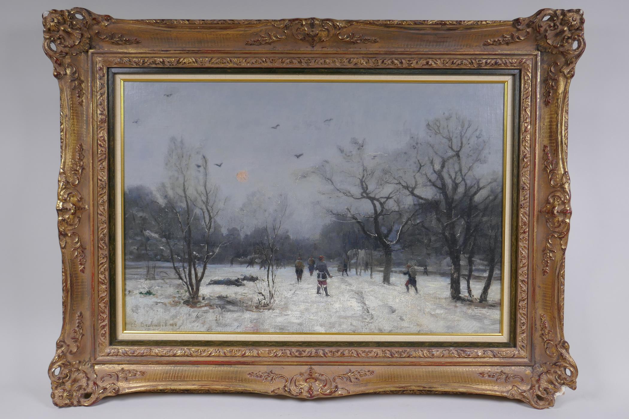 Charles Felix Edouard Deshayes, (French, 1831 - 1895), winter landscape with soldiers, 1878, oil - Image 2 of 5