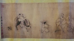 A Chinese printed watercolour scroll depicting figures in a landscape, 220cm x 26cm long
