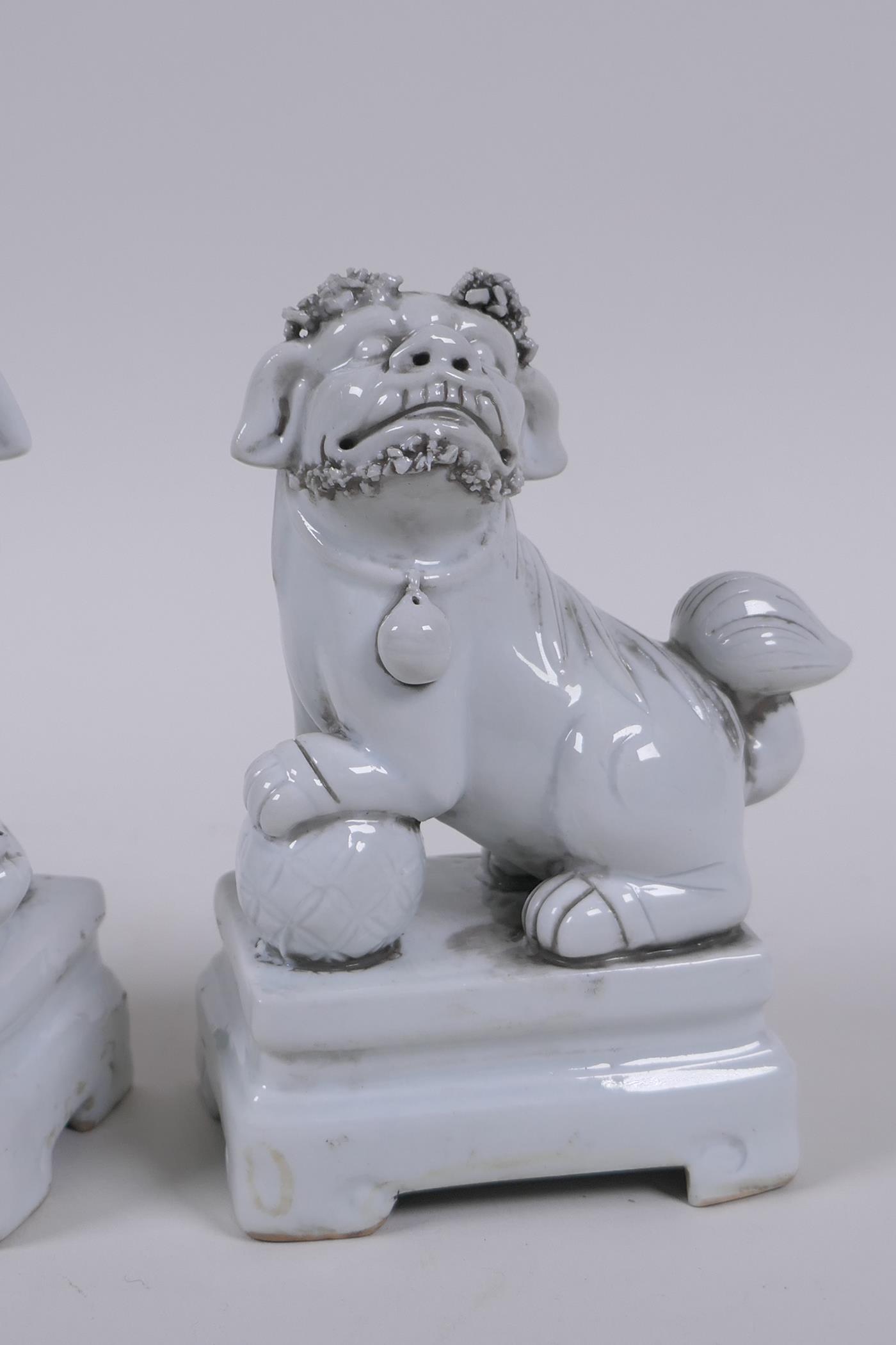 A pair of Chinese blanc de chine porcelain temple lions, 13cm high - Image 2 of 5