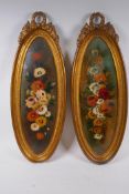 A pair of Dutch style floral sprays, oils on canvas, 16 x 49cm