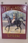 A vintage hand painted pub sign for 'The Ladas' of Epsom, 92 x 123cm