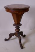 A C19th inlaid mahogany trumpet work box/games table with parquetry checkerboard top, turned support