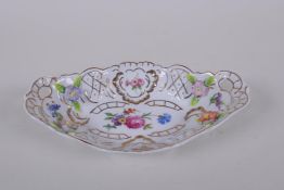A Sevres style porcelain trinket dish with applied floral decoration and gilt highlights, 21 x 12cm