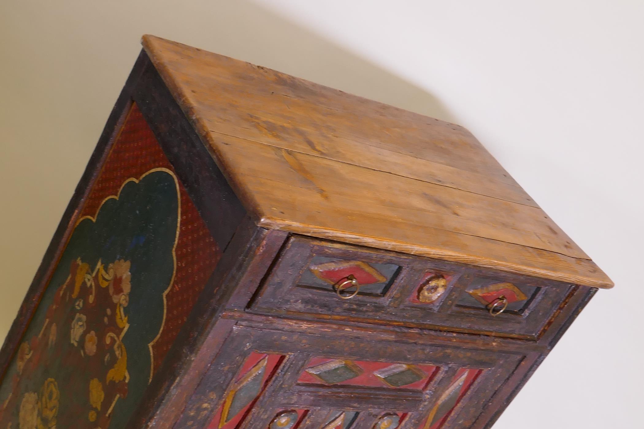 An early C19th east European painted pine cupboard, with moulded decoration, single drawer over - Image 4 of 4
