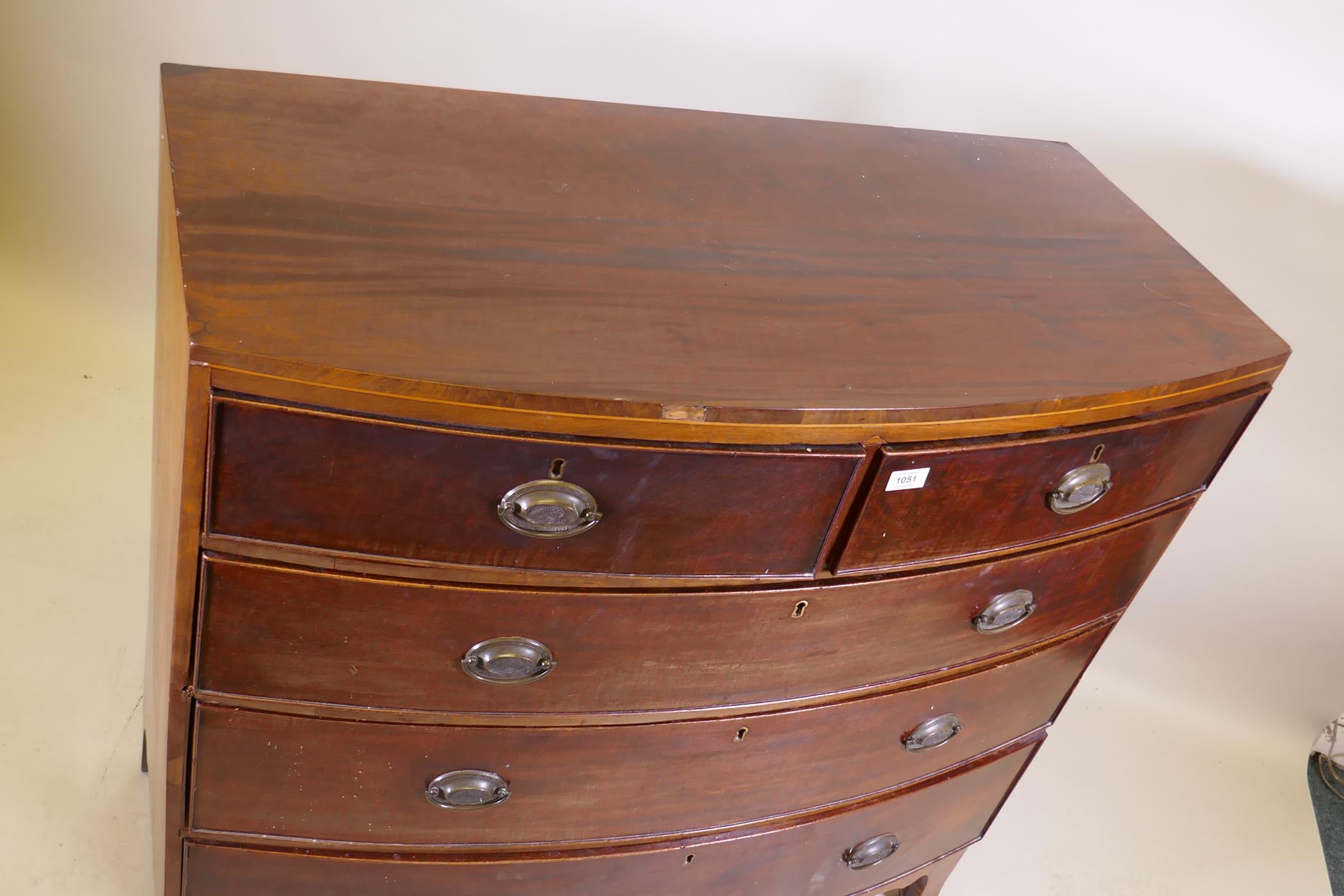 George III mahogany bowfront chest of two over three drawers with cockbeeded detail and brass - Image 4 of 4