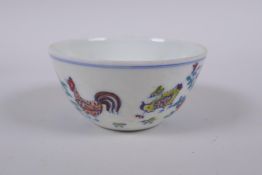 A Doucai porcelain tea bowl with chicken decoration, Chinese Chenghua 6 character mark to base,