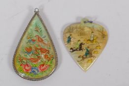 A vintage Indian mother of pearl pendant with miniature painted decoration of exotic birds and