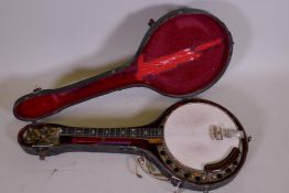 A Will Van Allen tenor banjo, with a hard travel case, 85cm long