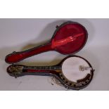 A Will Van Allen tenor banjo, with a hard travel case, 85cm long