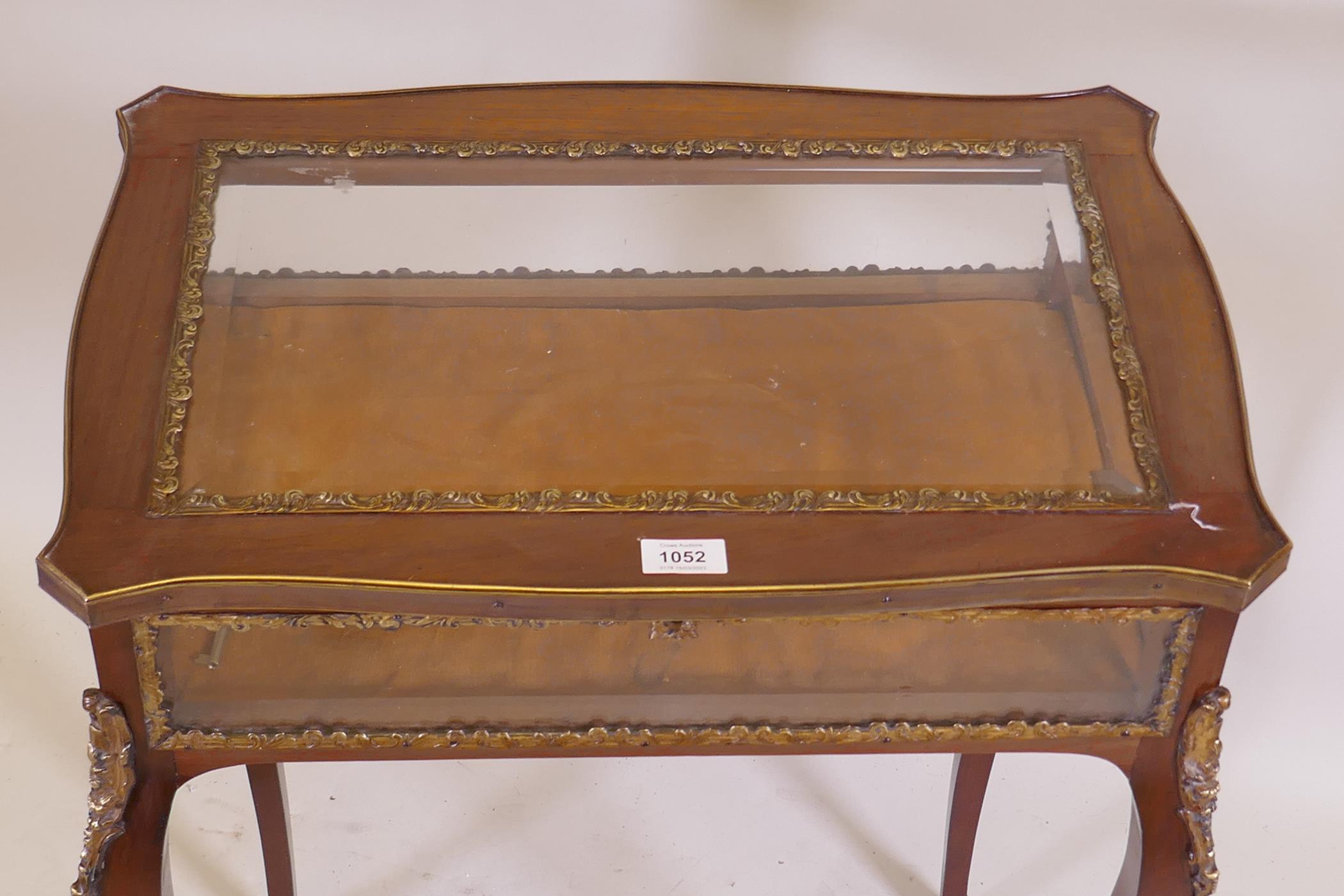 A C19th French mahogany bijouterie cabinet with ormolu mounts, shaped legs and scrolled sabots, 60 x - Image 4 of 5