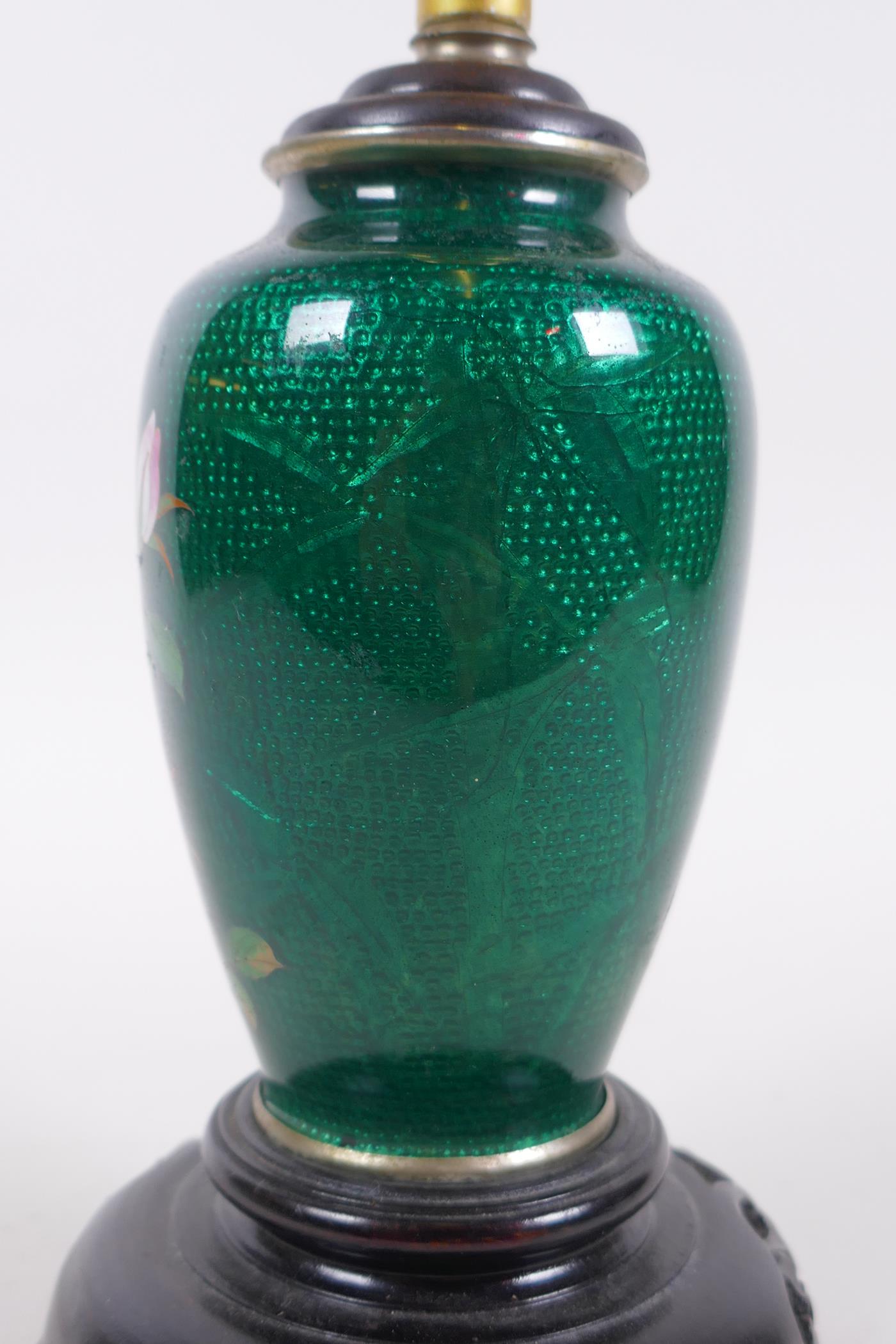 A Japanese green Ginbari enamel cloisonne vase with floral decoration, converted to a lamp, 24cm - Image 2 of 4
