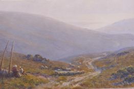 C. (?) Parkes, moorland scene with sheep and figures at work, watercolour, signed, 53 x 36cm
