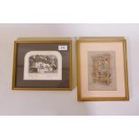 Graham Clarke, Borage, 54/250, coloured engraving, signed, and a C19th watercolour, weaver at a