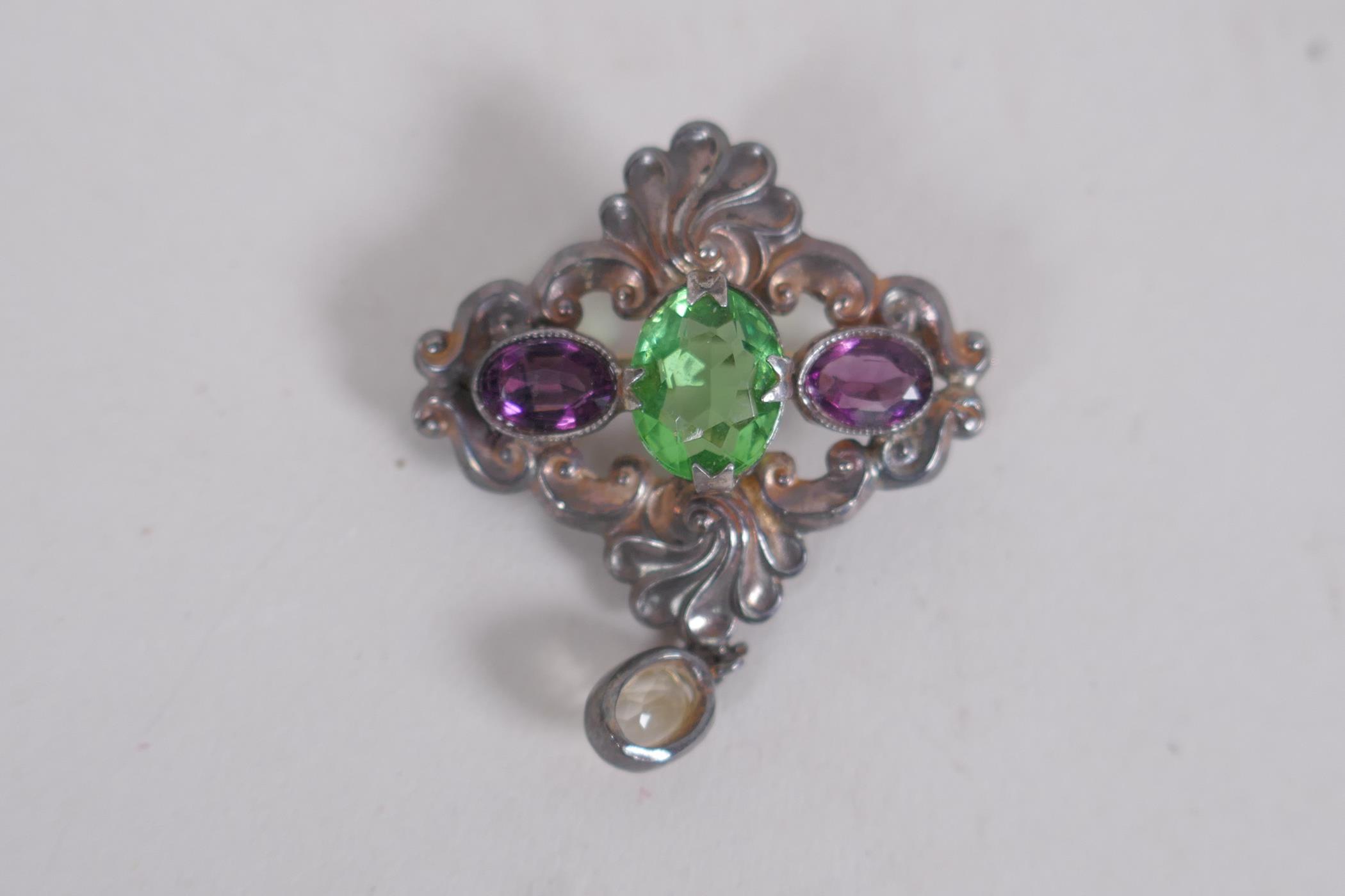 A C19th French silver pendant set with pink and green crystal stones and seed pearls, 7cm long, a - Image 3 of 4