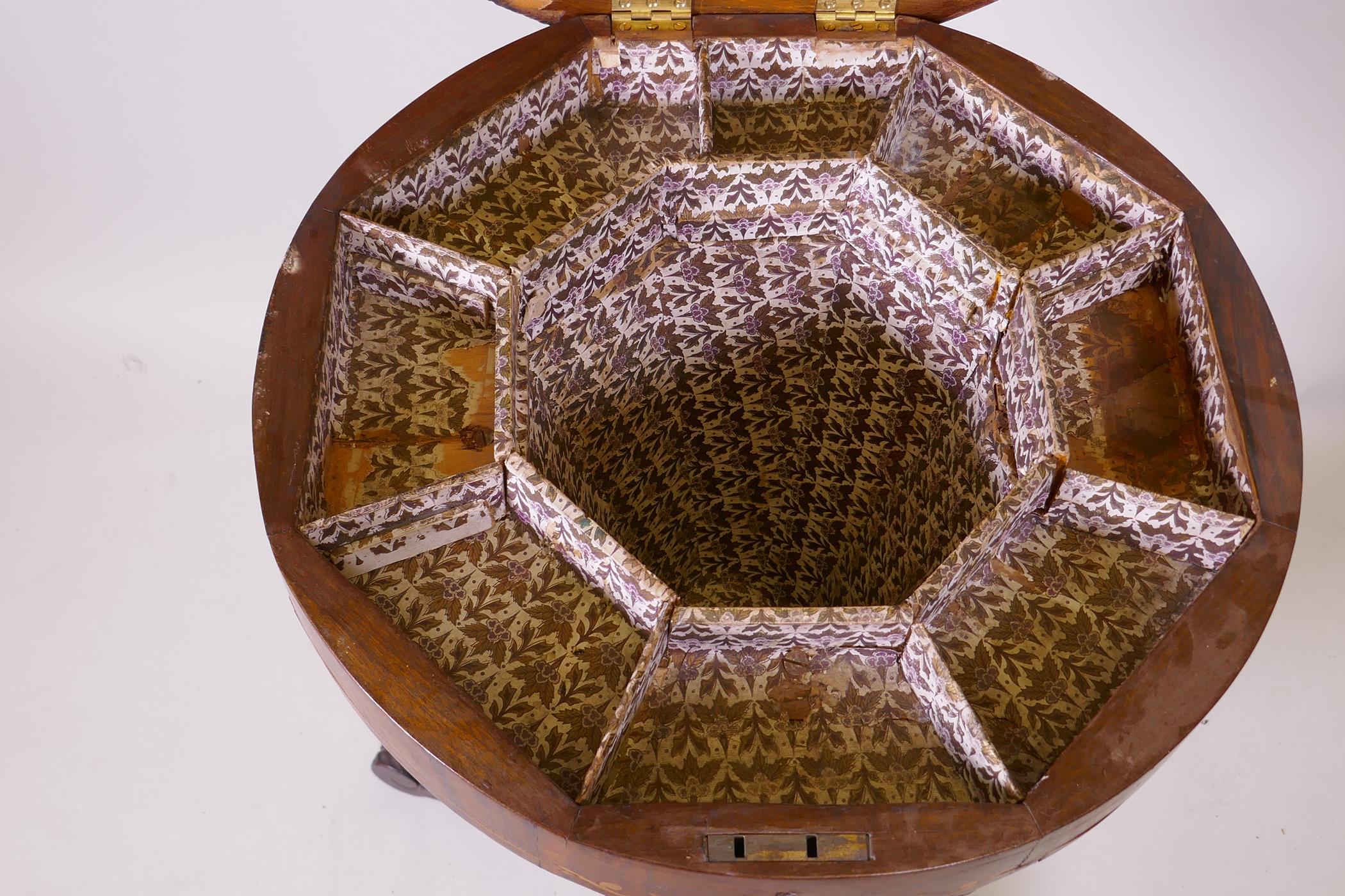 A C19th inlaid mahogany trumpet work box/games table with parquetry checkerboard top, turned support - Image 3 of 4