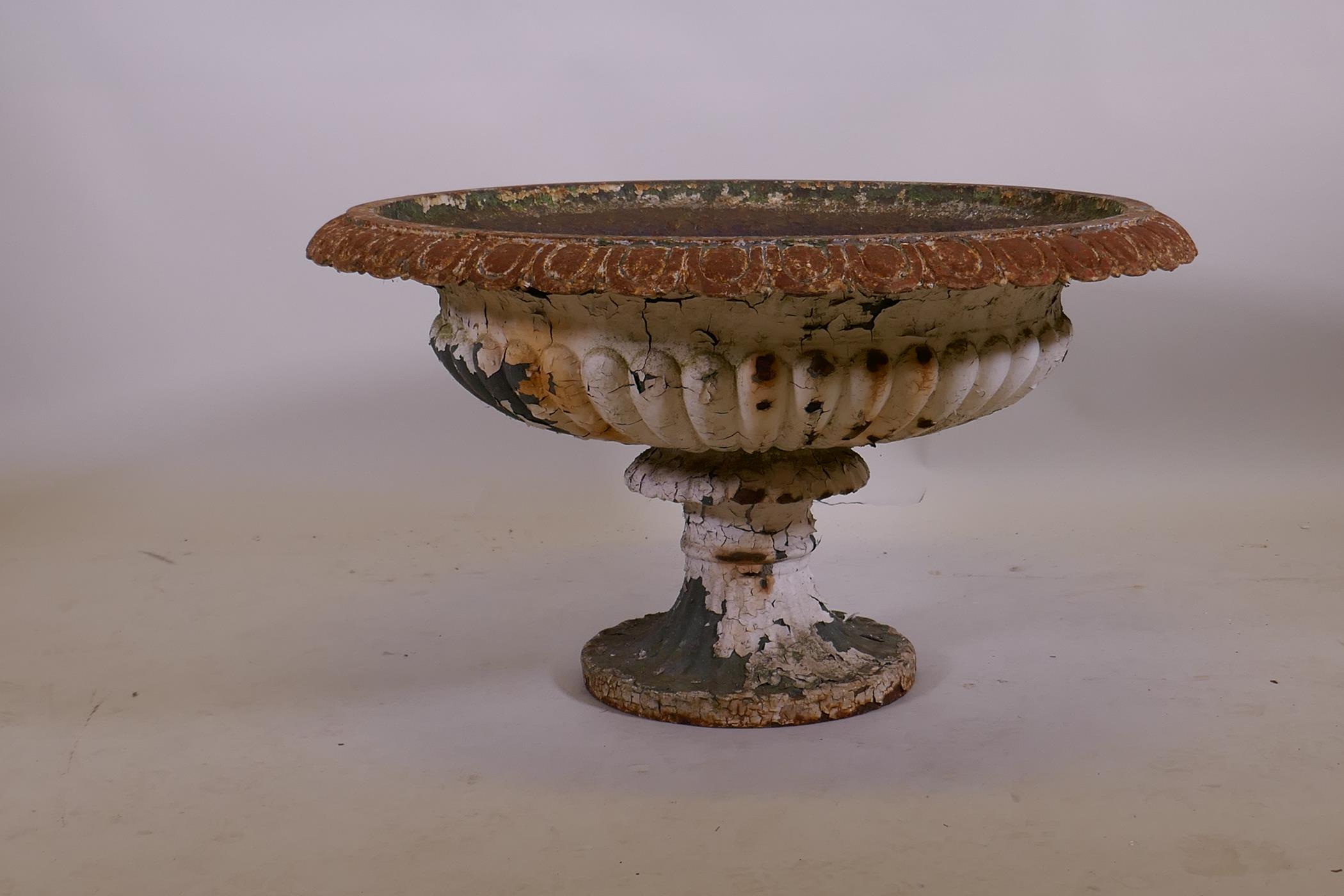 A Victorian painted cast iron campagna garden urn, 70cm diameter, 43cm high