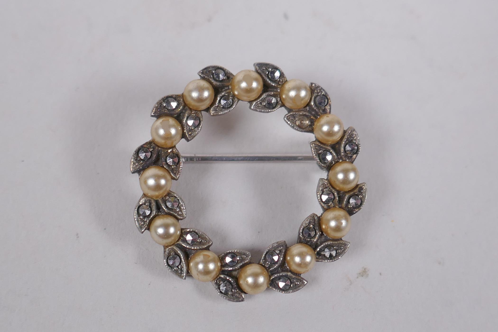 A 14ct gold and pearl set tie pin and two others, a vintage white metal, seed pearl and marcasite - Image 5 of 6