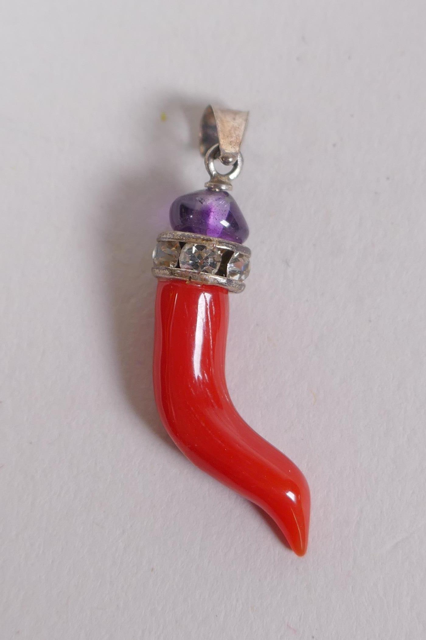 A coral pendant with silver mount set with a n amethyst and white stones, 3cm long, a coral pig with - Image 6 of 6