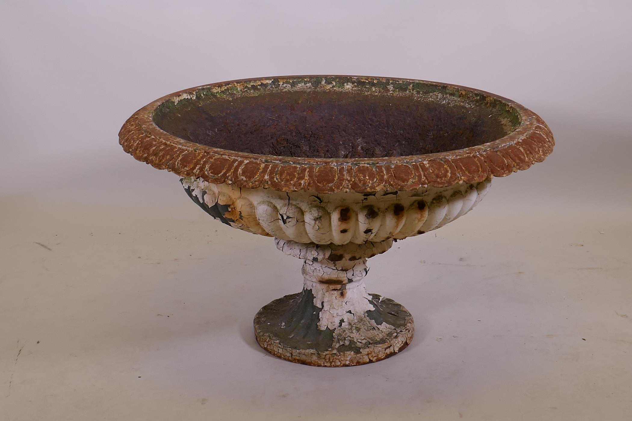 A Victorian painted cast iron campagna garden urn, 70cm diameter, 43cm high - Image 2 of 3