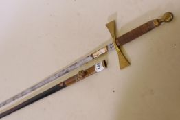 A brass and steel Masonic sword, the blade etched Spencer Co, Queen Street, London, with leather