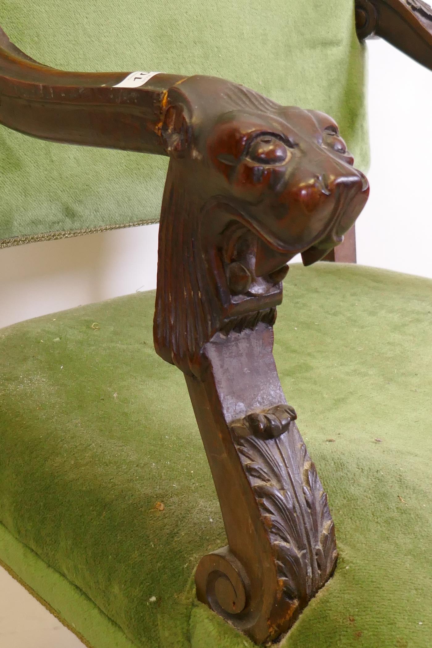 A C19th high back open arm chair with carved lion mask arms, raised on turned supports, AF - Image 2 of 3