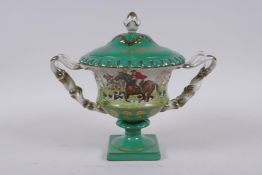 A continental porcelain urn and cover with two handles, decorated with a hunt scene, 20cm high