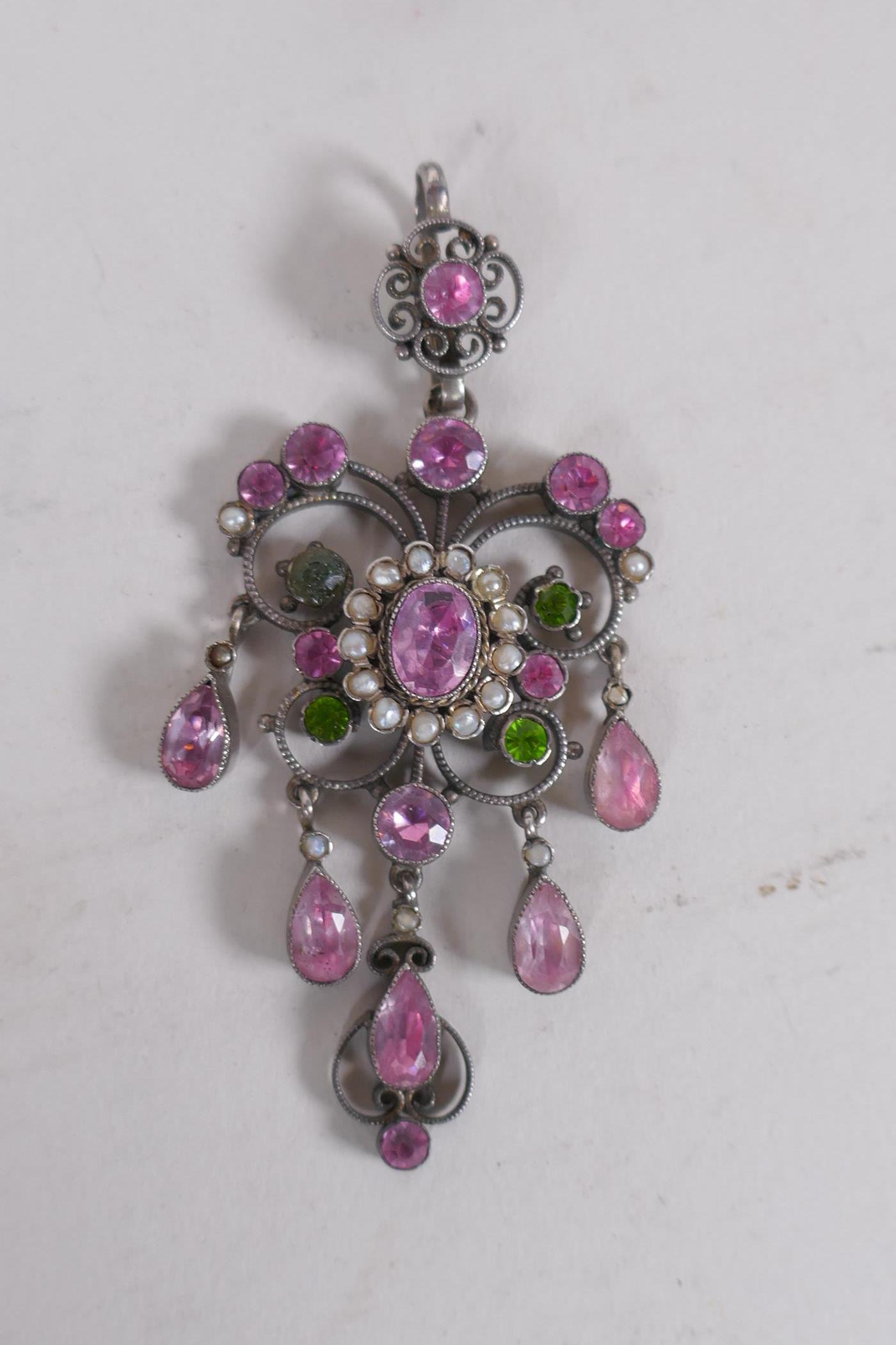 A C19th French silver pendant set with pink and green crystal stones and seed pearls, 7cm long, a - Image 2 of 4