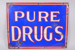 A vintage style 'Pure Drugs' enamel advertising sign, 38 x 29cm