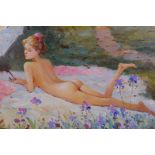 Study of a young woman sun bathing in a garden, signed in cyrillic (?) verso, oil on canvas, 30 x