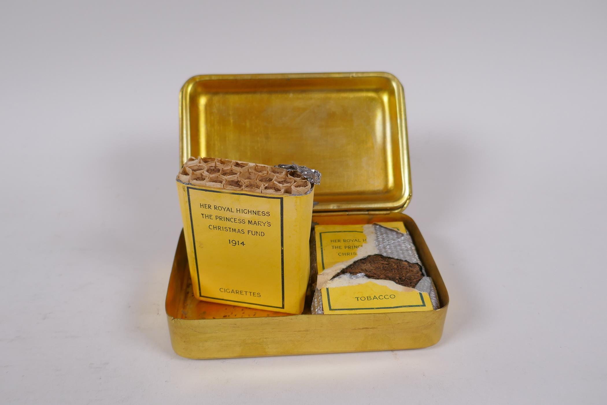 A WWI Queen Mary Christmas 1914 gift tin, with contents, cigarettes unopened, tobacco package ( - Image 3 of 6