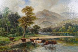William Langley, (British, 1852-1922), extensive Highland landscape with cattle watering, signed,