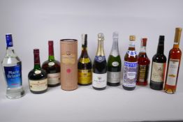 A collection of eleven bottles of spirits and wine, to include Cardinal Mendoza brandy, Courvoisier,