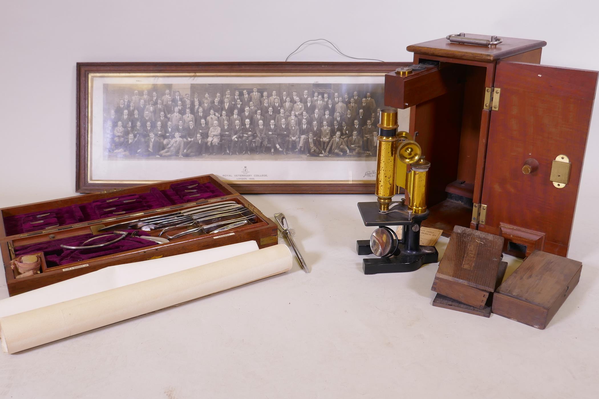 A WWI Cavalry Officer's veterinary field surgeon's kit, in a wood case labelled Allen and Hanburys