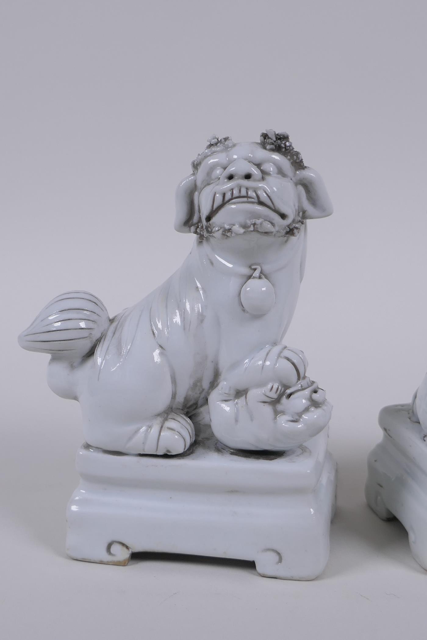 A pair of Chinese blanc de chine porcelain temple lions, 13cm high - Image 3 of 5