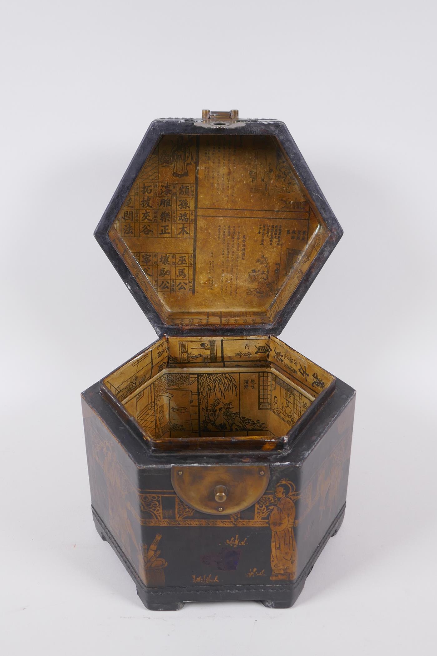 A Chinese black lacquer caddy of hexagonal form with gilt chinoiserie decoration and brass mounts, - Image 8 of 9