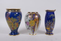 Two Crown Devon porcelain vases with polychrome chinoiserie decoration, a Carlton ware vase with