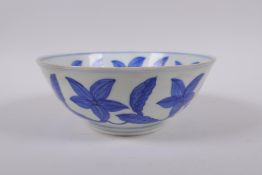 A blue and white porcelain bowl decorated with inter linked flowers, Chinese Chenghua 6 character